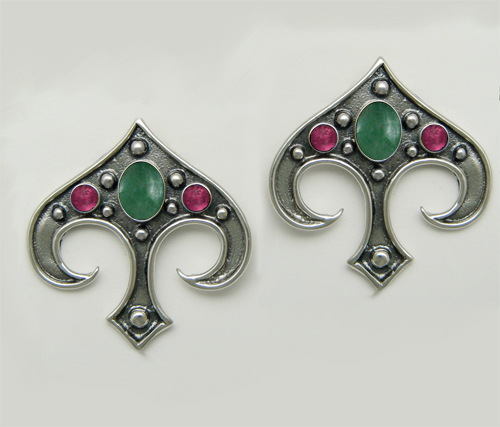 Sterling Silver Gothic Inspired Drop Dangle Earrings With Jade And Pink Tourmaline